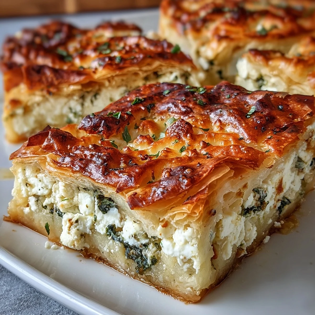 A slice of savory Turkish-inspired Feta and Kale Börek being lifted from the pan, revealing layers of crisp filo pastry and a hearty, vegetarian filling.