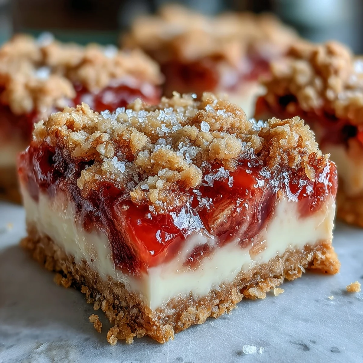 Fresh Rhubarb and Custard Crumble Bars reveal tangy fruit swirls and vanilla custard beneath a crispy, golden crumble, perfect for a sweet snack.