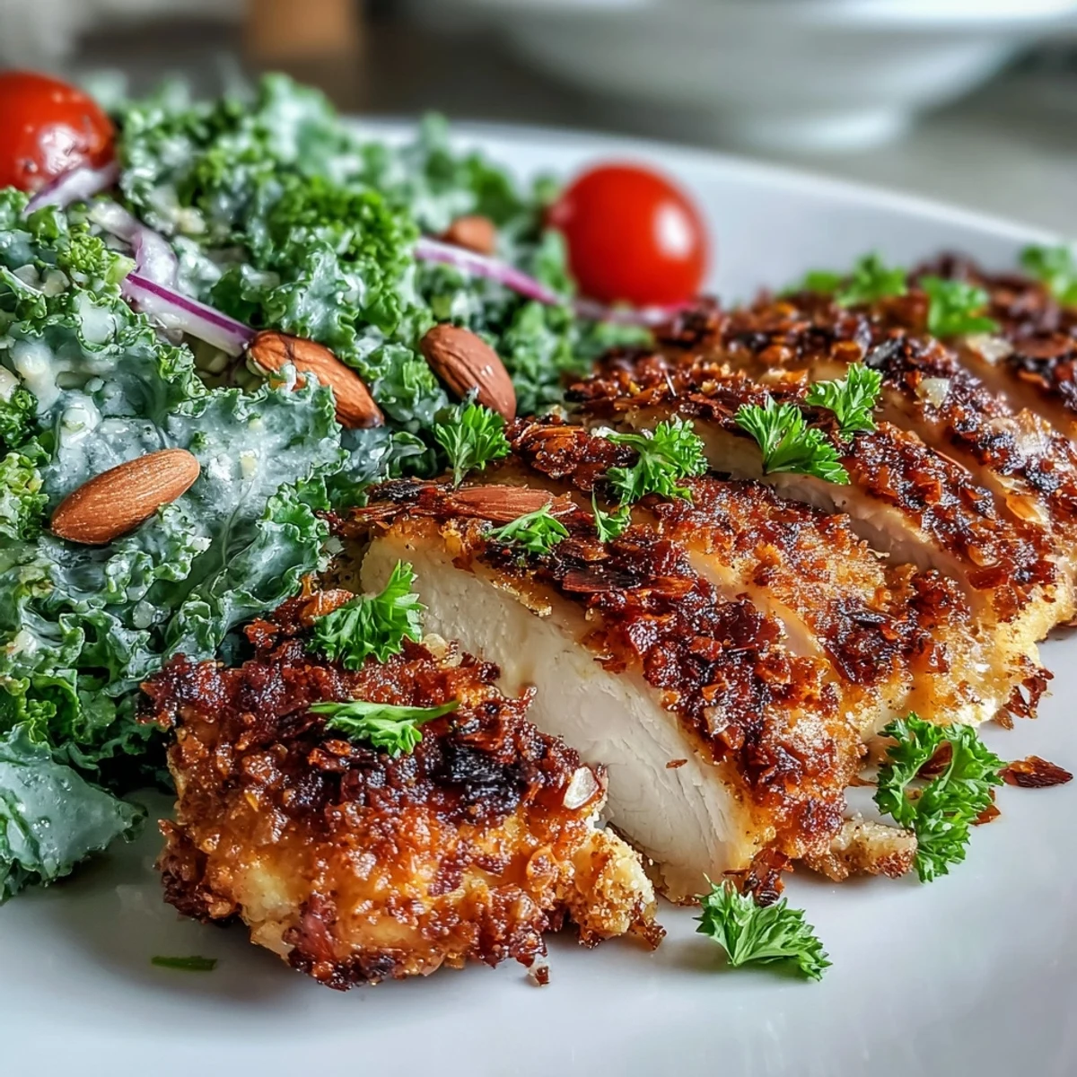 A close-up of crispy almond-parm coated chicken served with marinated kale and sumac salad garnish.