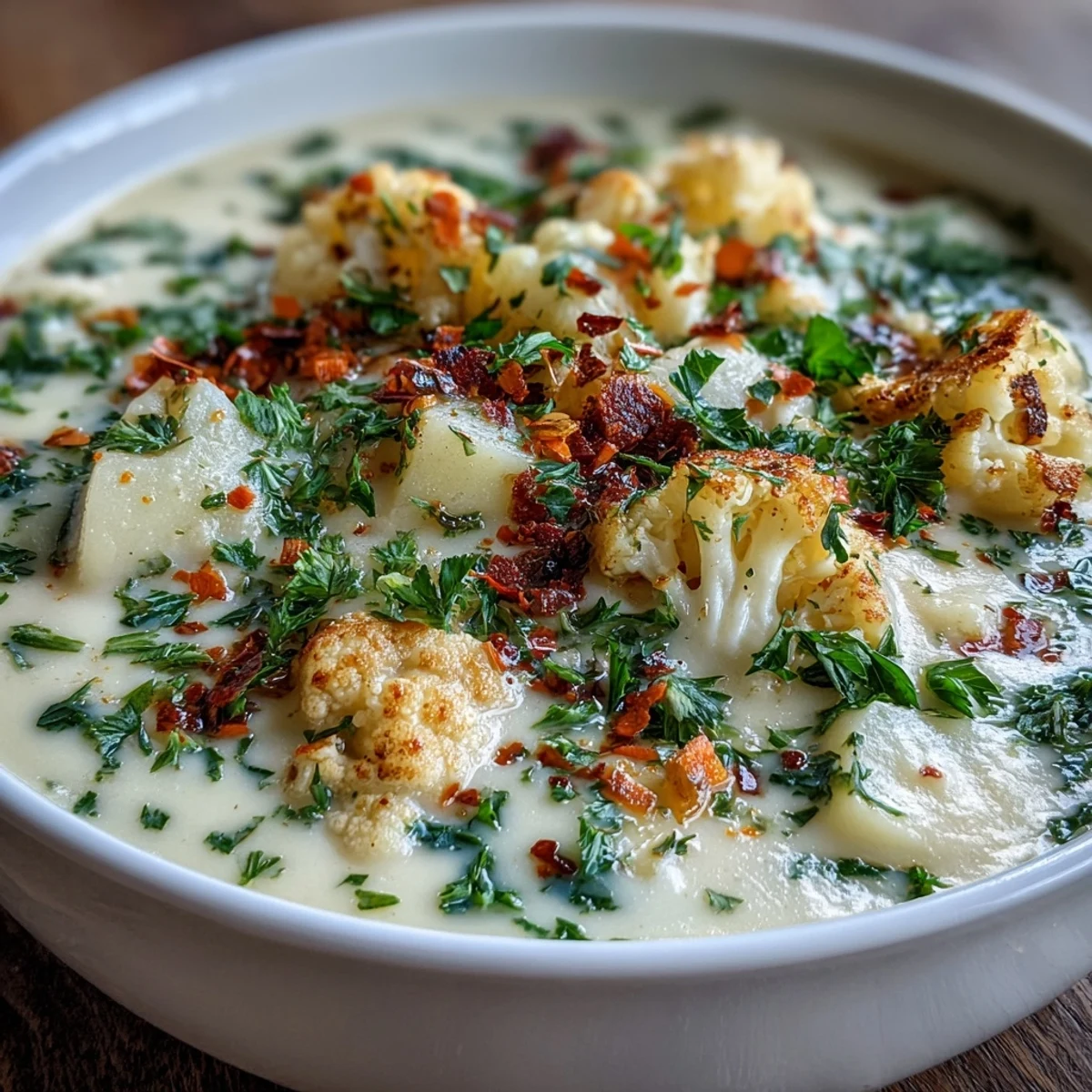 Comforting, dairy-free Vegetarian Cauliflower Chowder made with plant-based milk, topped with a sprinkle of smoked paprika and fresh herbs.