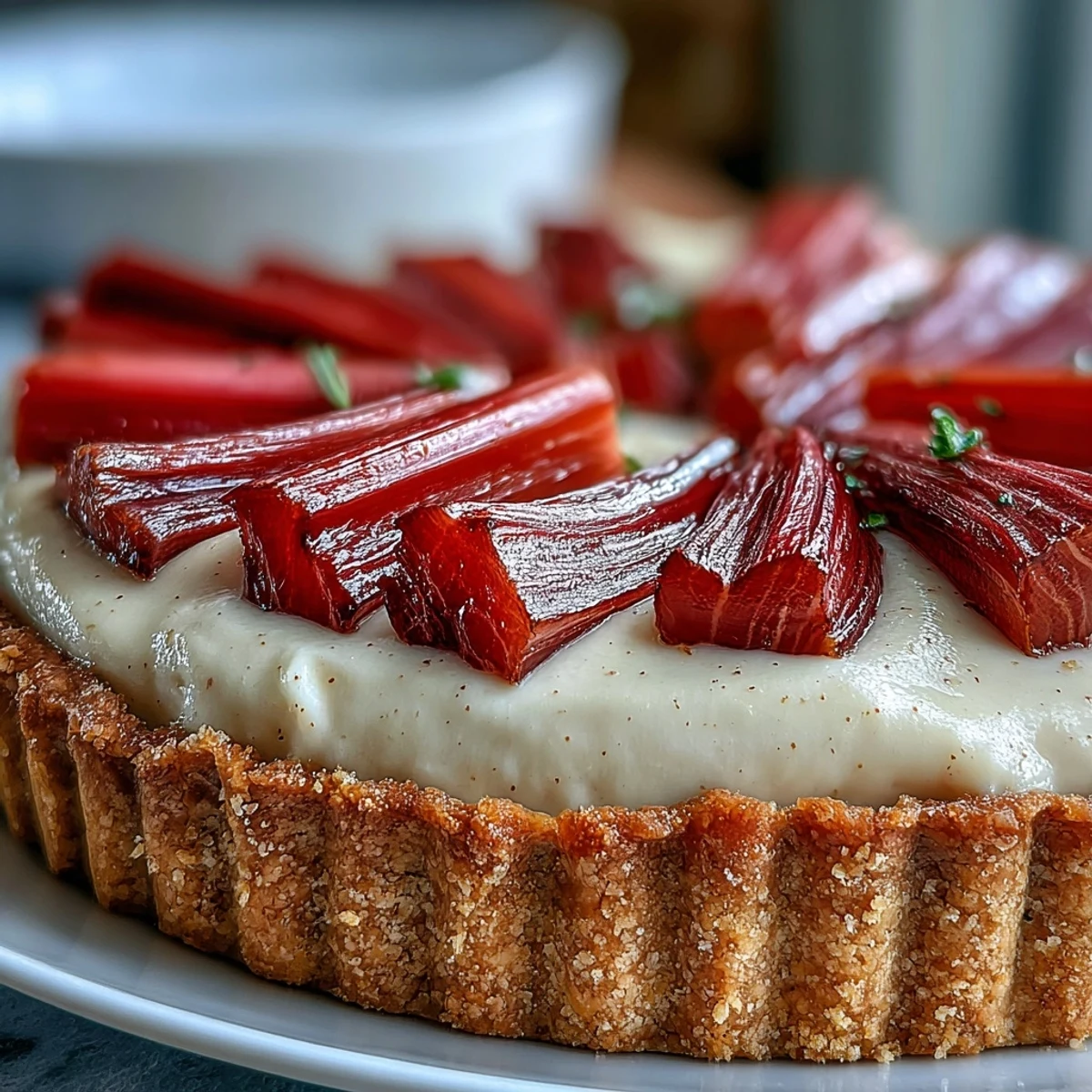 Golden roasted rhubarb batons glisten atop creamy white chocolate and elderflower tart in a rustic, spring-themed setting.