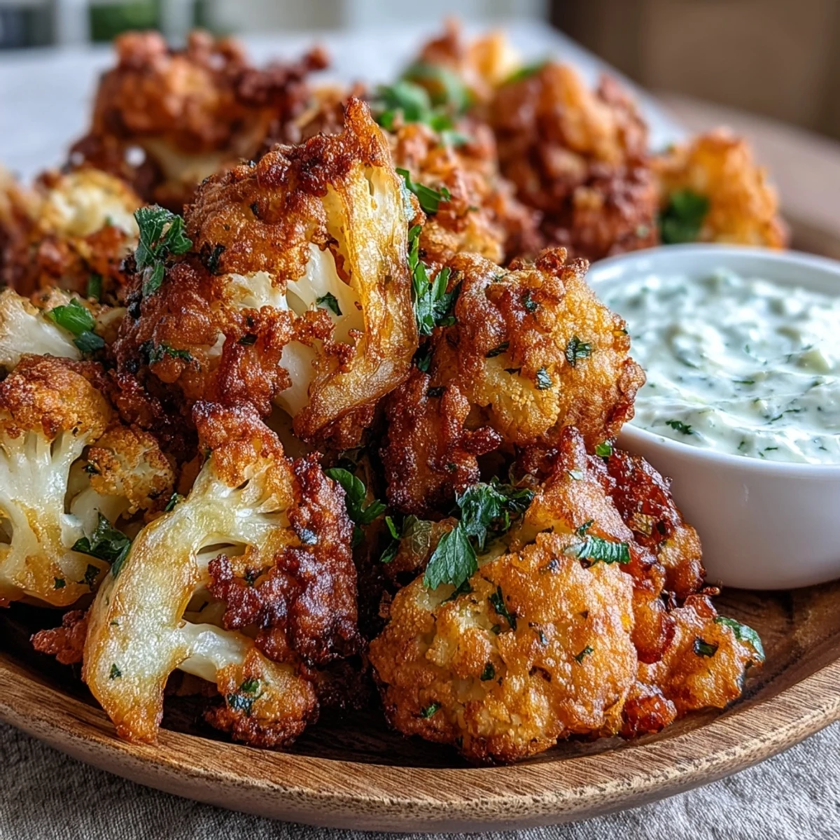 Golden Cauliflower Bhajis fritters served with a cooling mint yogurt dip on a plate.