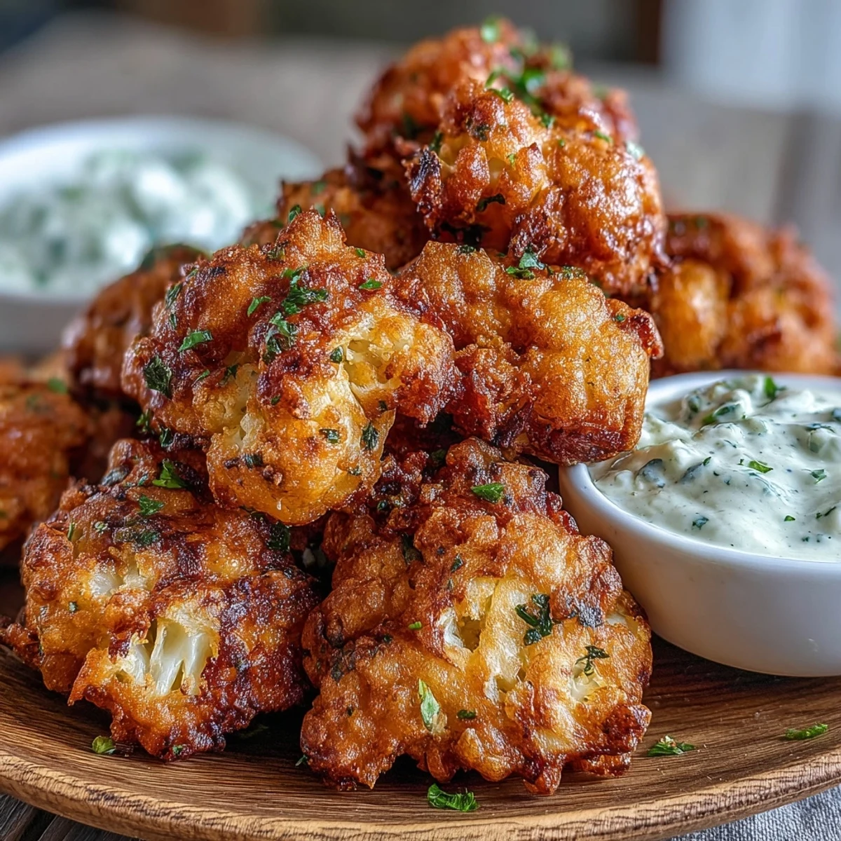 A plate of crispy Cauliflower Bhajis garnished with cilantro, paired with lemon wedges.
