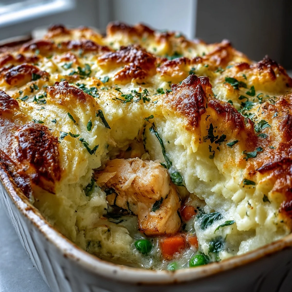 Golden, crispy mashed potato topping covers a creamy, curry-infused filling of tender white fish, smoked fish, and shrimp in this Curried Fish Pie.