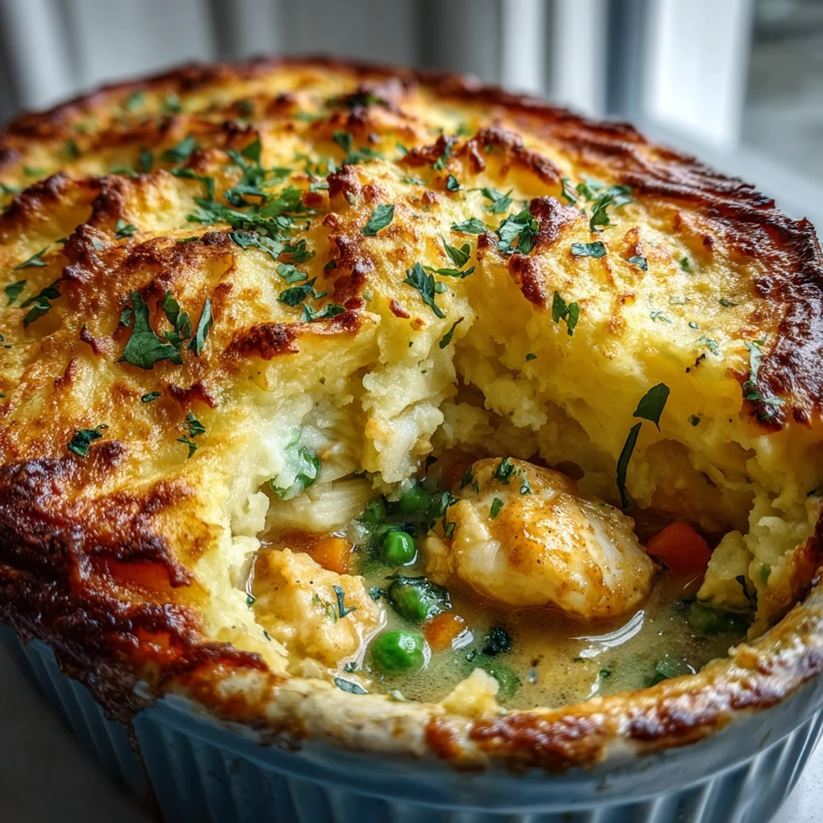 The baked Curried Fish Pie features bubbling, golden-brown potatoes, with savory chunks of fish and aromatic spices peeking through the edges.