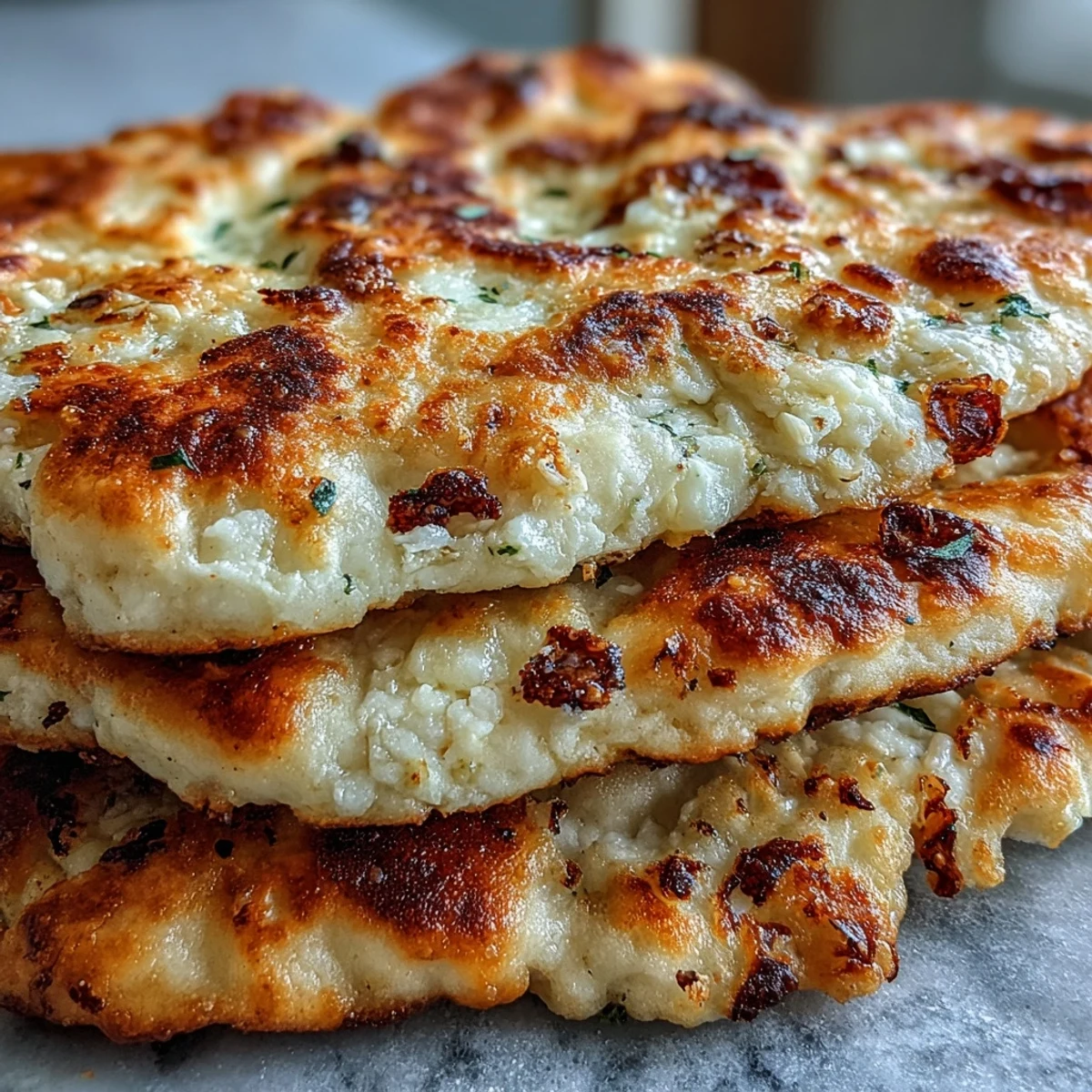Two warm pieces of The Best Easy Garlic Naan Bread resting beside a rich curry bowl.