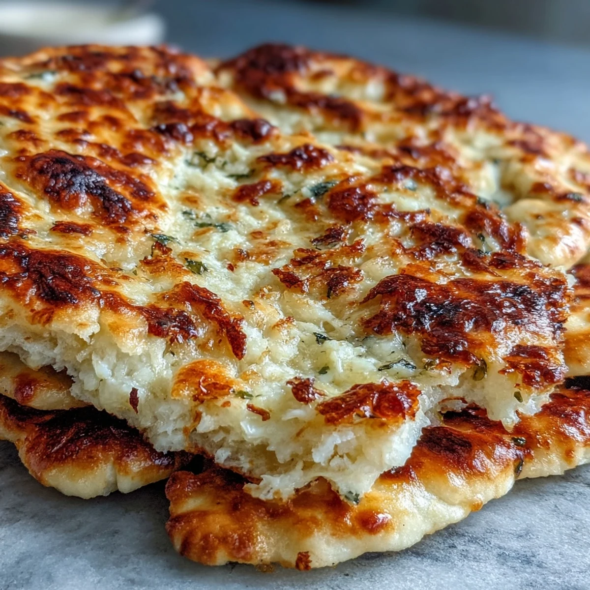 The Best Easy Garlic Naan Bread brushed with garlic butter, perfect for scooping up saucy dishes.