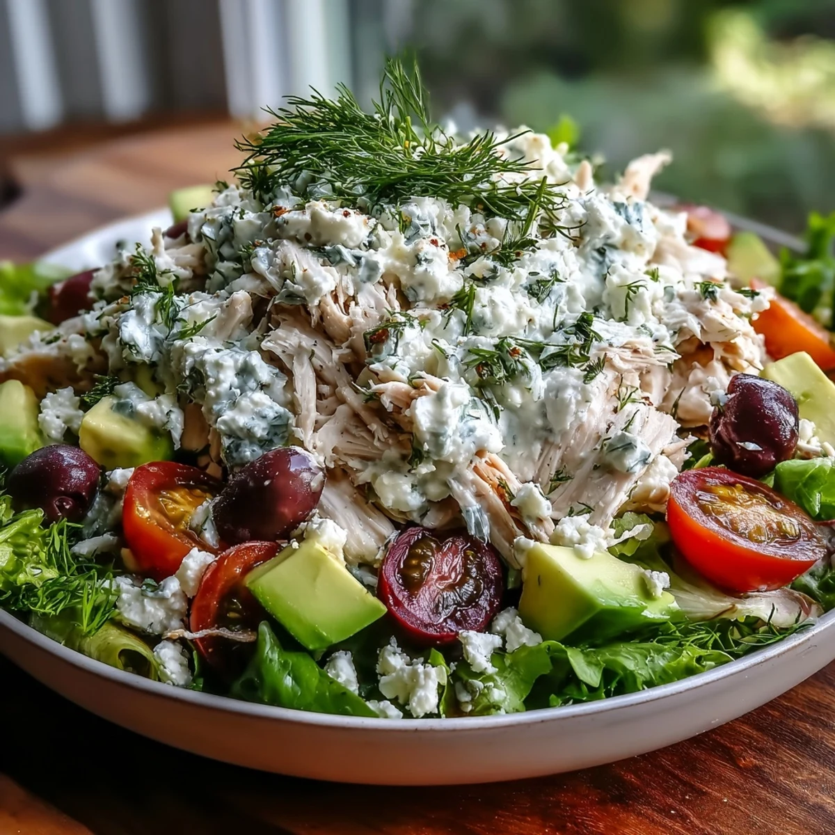 Freshly made Tzatziki Chicken Salad in a white bowl, showcasing tender shredded chicken coated in creamy Greek yogurt sauce with crisp diced cucumbers.