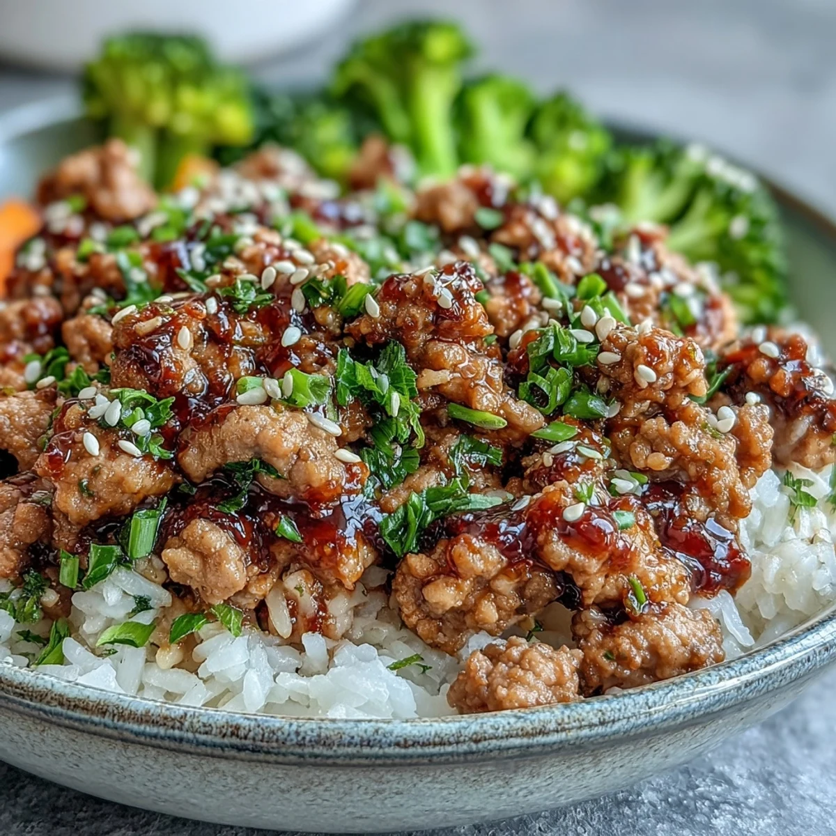 Steamed white rice topped with Korean-Style Ground Turkey, garnished with fresh chives and toasted sesame seeds.
