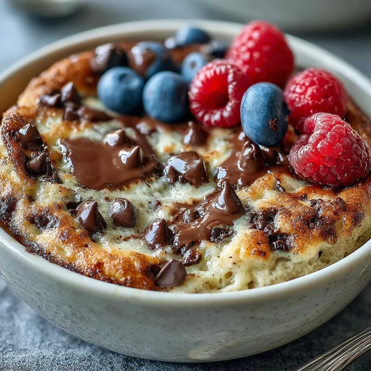 Freshly baked Baked Protein Pancake Bowl with golden edges, topped with peanut butter and berries, perfect for a healthy single-serve breakfast.