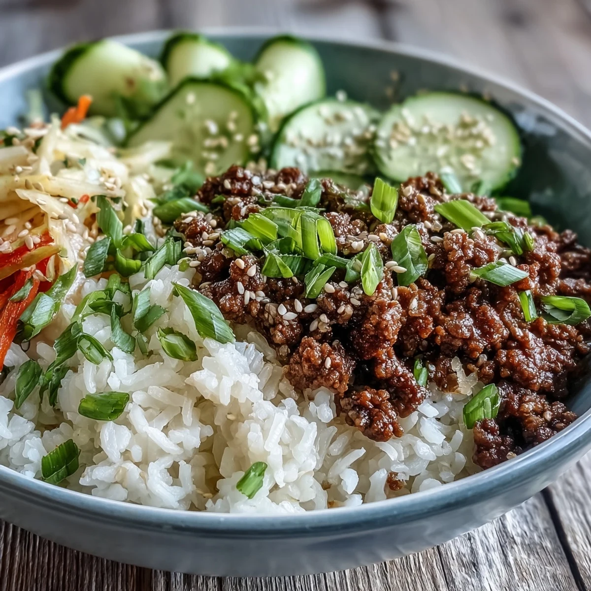 Korean Ground Beef Bowl with glossy meat, vibrant pickled vegetables, and sesame over rice.