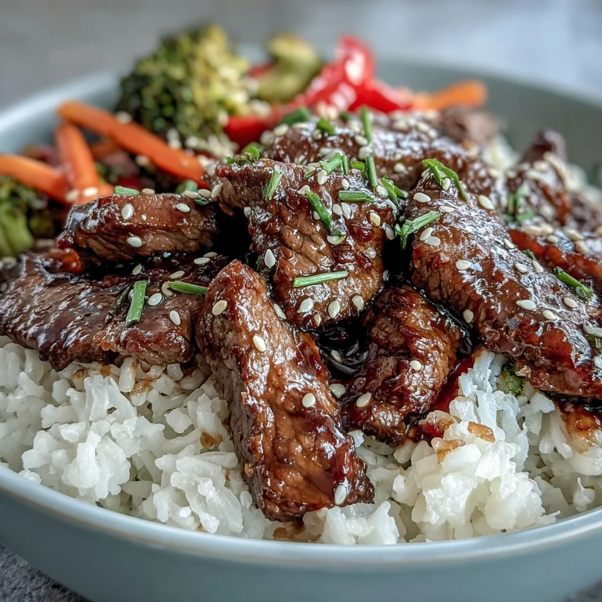 A delicious homemade teriyaki beef bowl served with steamed rice, broccoli, and carrots.