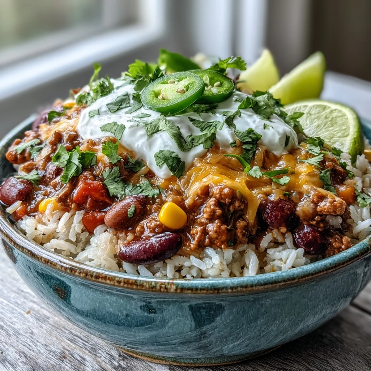 A hearty bowl of homemade chili ladled over fluffy white rice, topped with melted cheddar cheese, sour cream, and diced avocado.