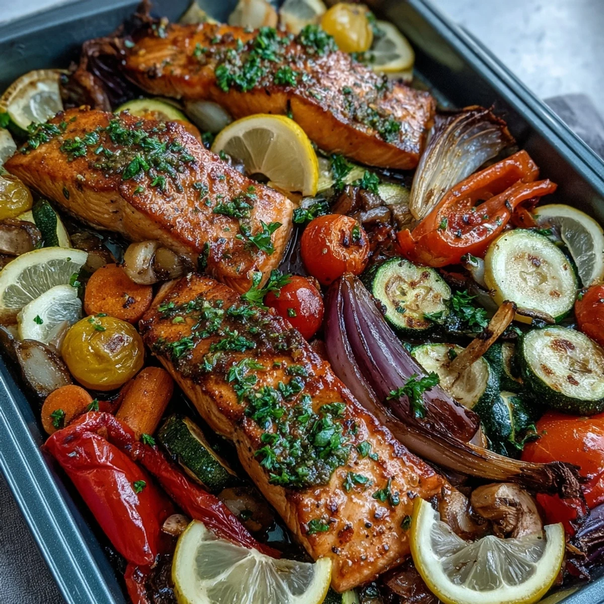A close-up view of the Sheet Pan Salmon and Veggies Bowl showing juicy cherry tomatoes, zucchini, and perfectly flaky salmon seasoned with herbs.