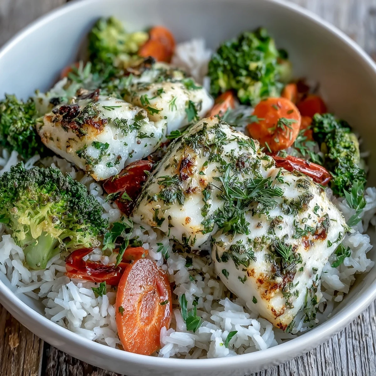 Golden herb-baked tilapia fillets rest on fluffy white rice, paired with bright green steamed broccoli and orange carrot slices for a wholesome, colorful meal.  