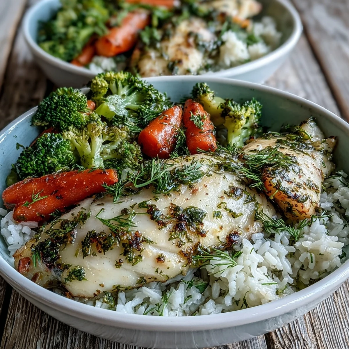 A close-up of a vibrant baked tilapia bowl with steamed vegetables, fluffy rice, and a light drizzle of olive oil and herbs.
