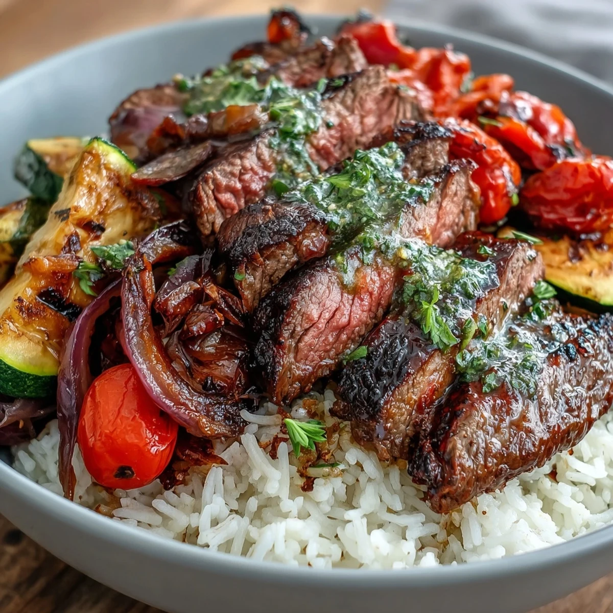 Golden-brown slices of seared sirloin steak rest atop fluffy white rice and vibrant roasted vegetables like red bell peppers and zucchini in this sheet pan steak and veggie bowl, garnished with fresh parsley and lemon wedges.
