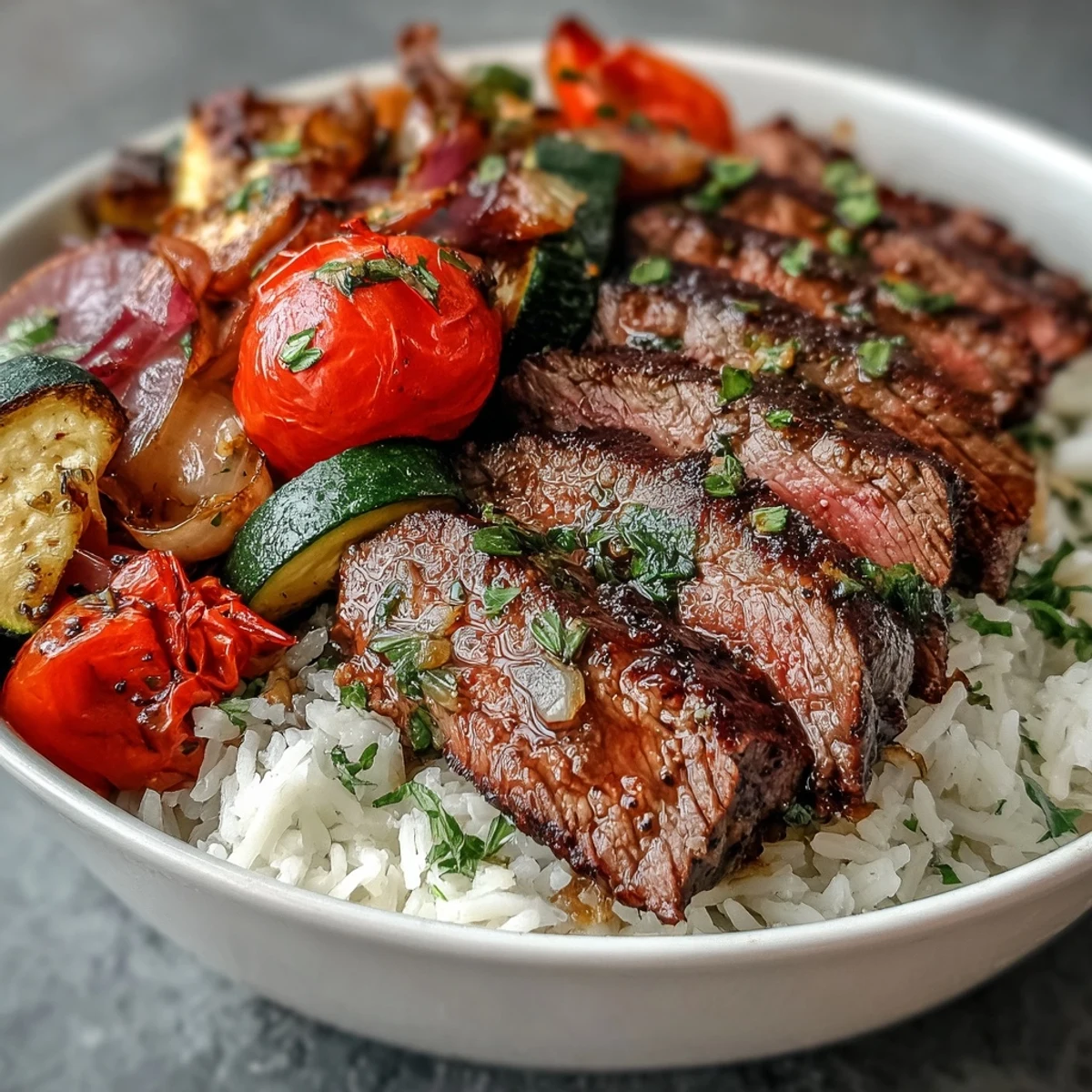 A close-up view shows juicy, perfectly cooked steak alongside caramelized cherry tomatoes and red onions, all arranged in a hearty sheet pan steak and veggie bowl ready for a weeknight dinner.