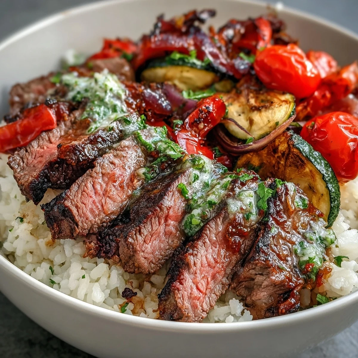 A close-up of a vibrant Grilled Steak Bowl with tender grilled steak slices over fluffy white rice and colorful roasted vegetables.