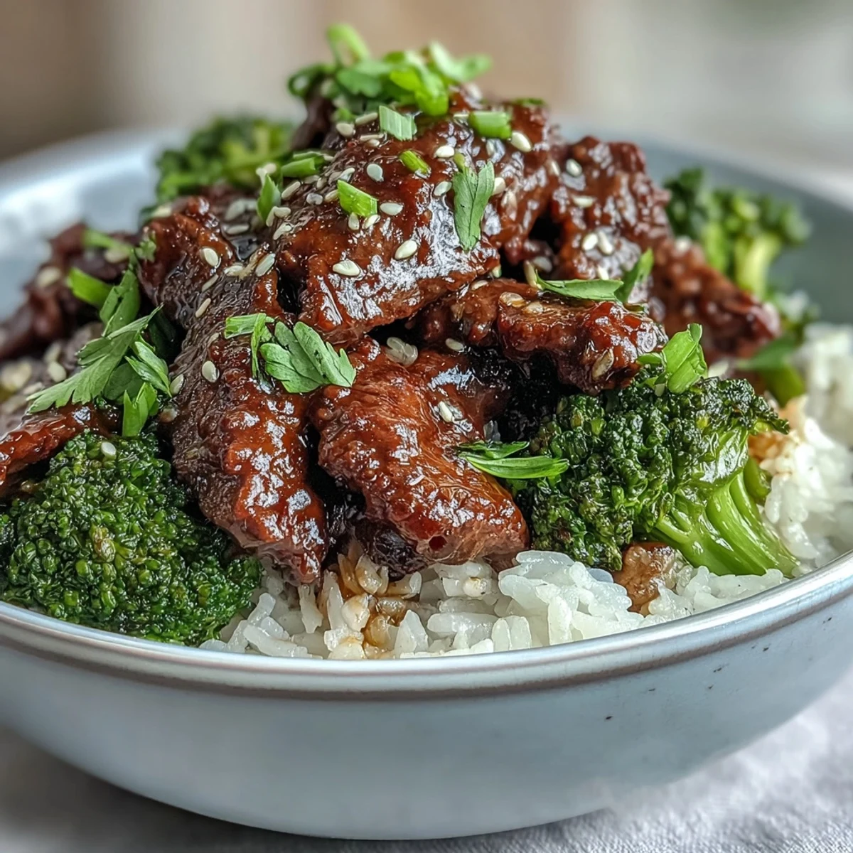 Juicy beef strips and vibrant broccoli florets sit atop steamed jasmine rice, drenched in a glossy, savory soy-ginger sauce for a comforting meal.  