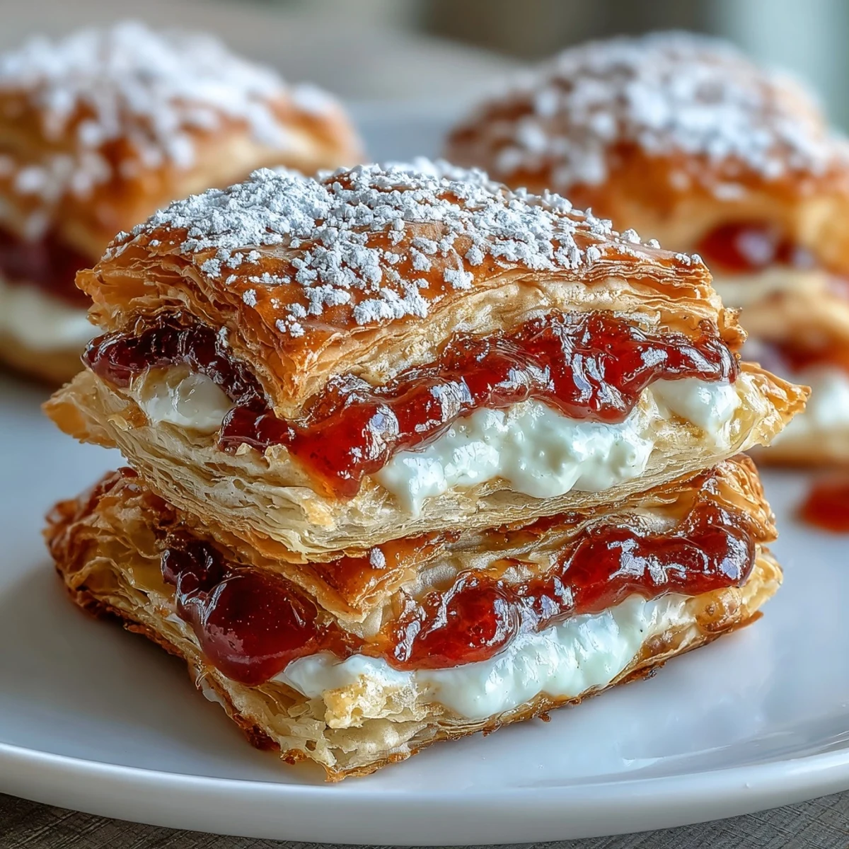 Two Guava Cheese Pastries are split open on a rustic plate, revealing the creamy, melted cheese contrasted against the vibrant, sticky-sweet guava filling.