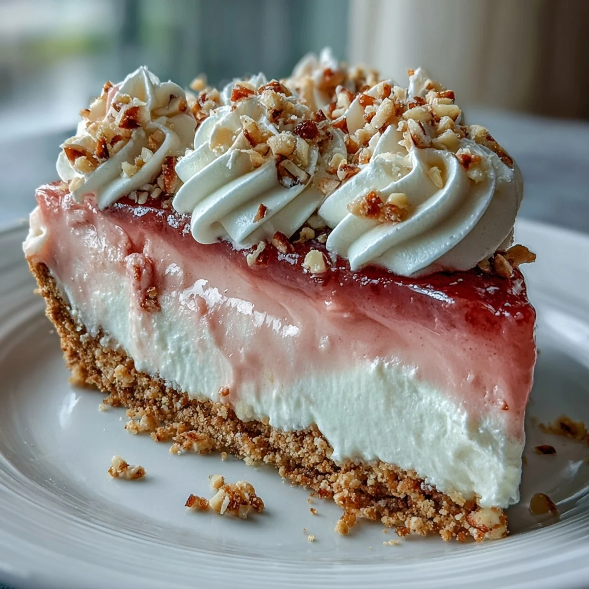 A whole Guava Cloud Pie with a golden macadamia nut crust and piped whipped cream swirls.