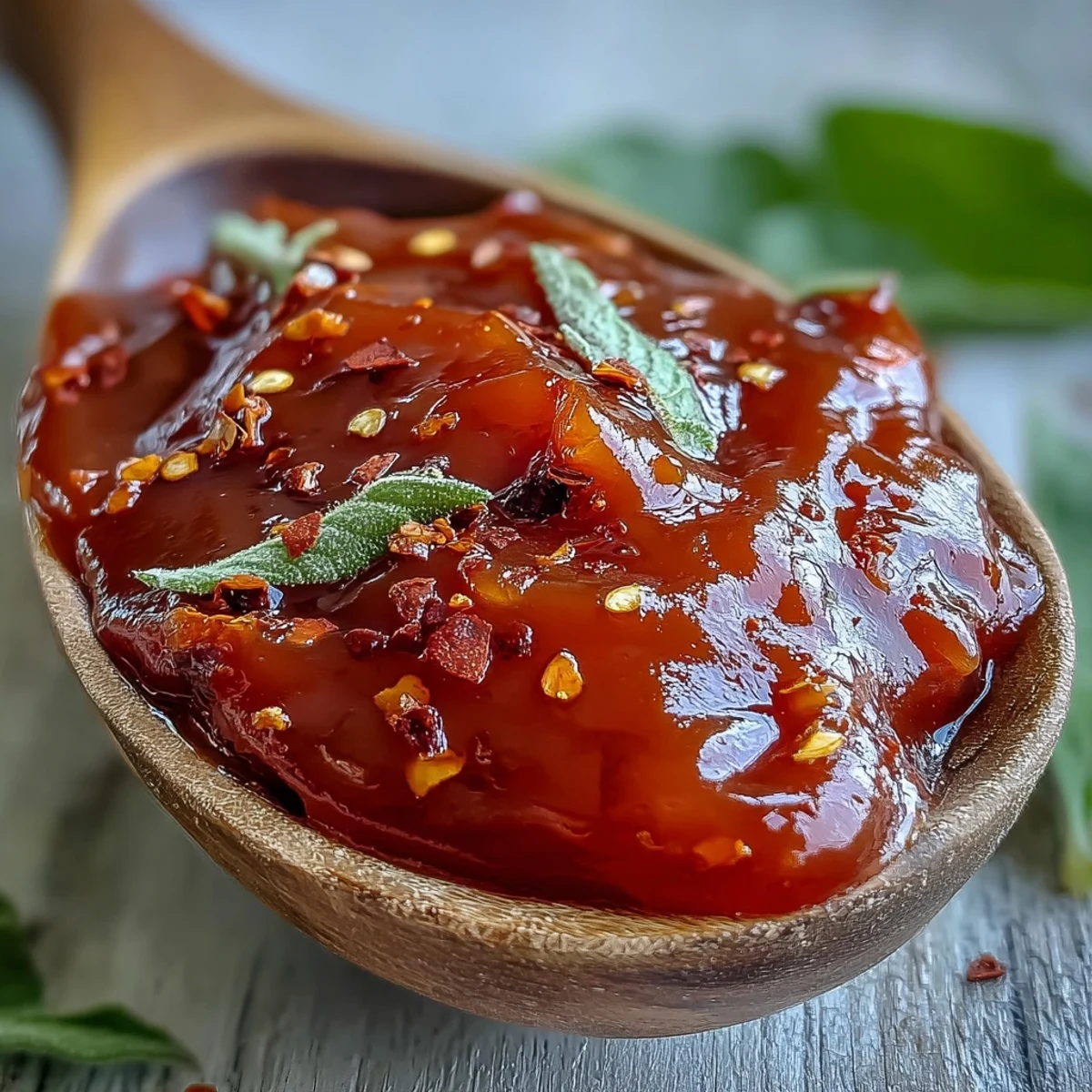 A spoon dips into sweet and tangy Guava BBQ Sauce, served alongside grilled tofu and pineapple slices.