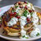 Smoky grilled cabbage with nutty tahini, bright parsley, and ruby-red pomegranate seeds for a vibrant, healthy side dish.