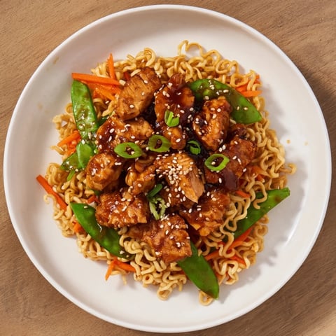 Golden sheet-pan crispy ramen with chicken, boasting crisp noodles amid colorful roasted vegetables.