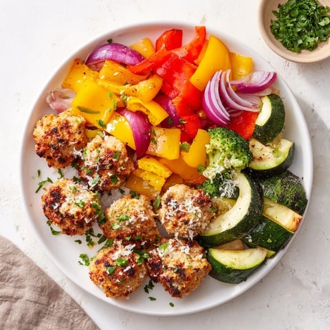Golden, crispy Garlic Parmesan Chicken Bites on a sheet pan with roasted vibrant vegetables for dinner.