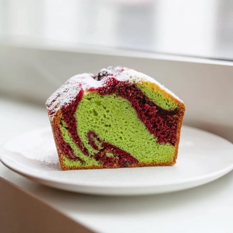 Swirled matcha marble pound cake, featuring vibrant red and green layers, looks deliciously moist and ready to slice.