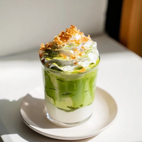 Steaming hot Toasted Coconut Gingerbread Iced Matcha latte, topped with whipped cream and golden coconut flakes.