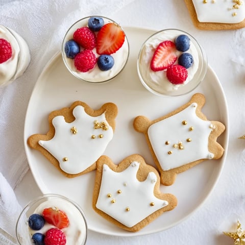 Golden crown-shaped sugar cookies surrounding a luxurious white chocolate mousse in this Princess Crown Dessert Tray.