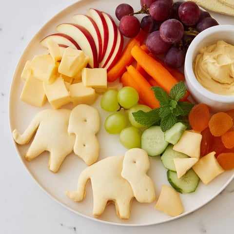 A vibrant Gentle Giant Elephant Cracker Board overflowing with cheeses, fruits, and crackers perfect for sharing.