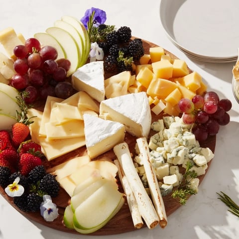 Enchanted Forest Grazing Board: A beautiful spread with vibrant fruits, cheeses, and charcuterie, ready to enjoy.