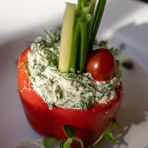 Vibrant blooming tulip veggie cups, featuring red bell pepper petals filled with creamy cheese and herbs.
