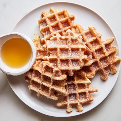 Golden-brown waffle quarters ready to dip in warm maple syrup alongside the sweet dip bowl.