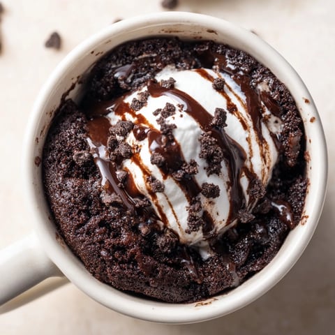 Steaming hot Oreo mug cake, a delightful dessert with chocolate chips and whipped cream.