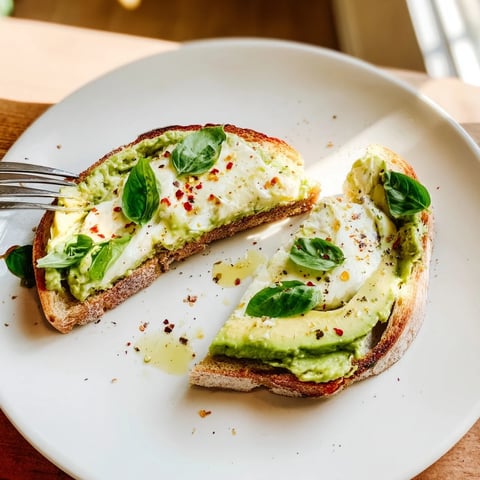Perfectly golden sourdough slices are topped with creamy smashed avocado and bubbling melted mozzarella, finished with fresh basil and a drizzle of olive oil in this Avocado Mozzarella Tartine.