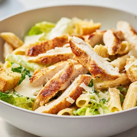 A close-up of Caesar Pasta Chicken Bowl featuring grilled chicken strips, al dente pasta, crisp romaine, and creamy dressing.  