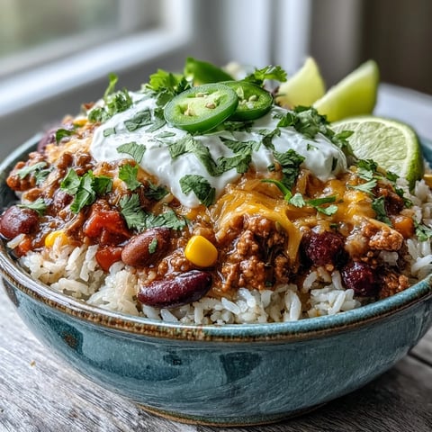 A hearty bowl of homemade chili ladled over fluffy white rice, topped with melted cheddar cheese, sour cream, and diced avocado.