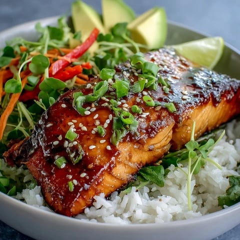 Soy Ginger Salmon Bowl features tender glazed salmon atop fluffy rice, with crisp bell peppers and avocado slices.