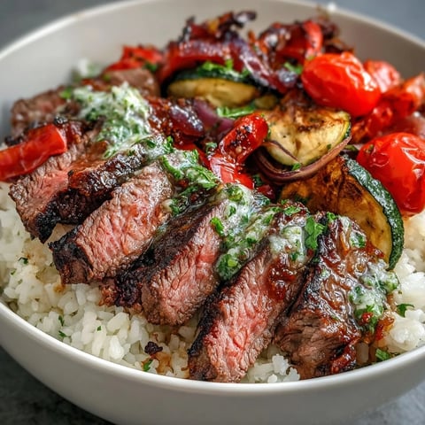 A close-up of a vibrant Grilled Steak Bowl with tender grilled steak slices over fluffy white rice and colorful roasted vegetables.