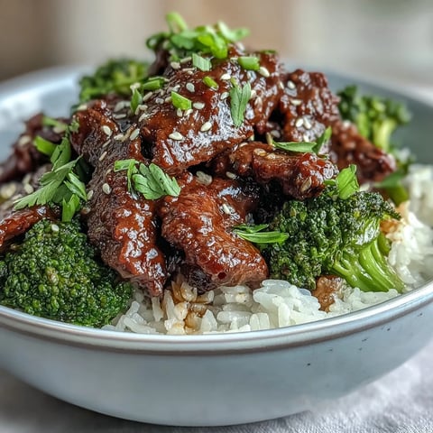 Juicy beef strips and vibrant broccoli florets sit atop steamed jasmine rice, drenched in a glossy, savory soy-ginger sauce for a comforting meal.  