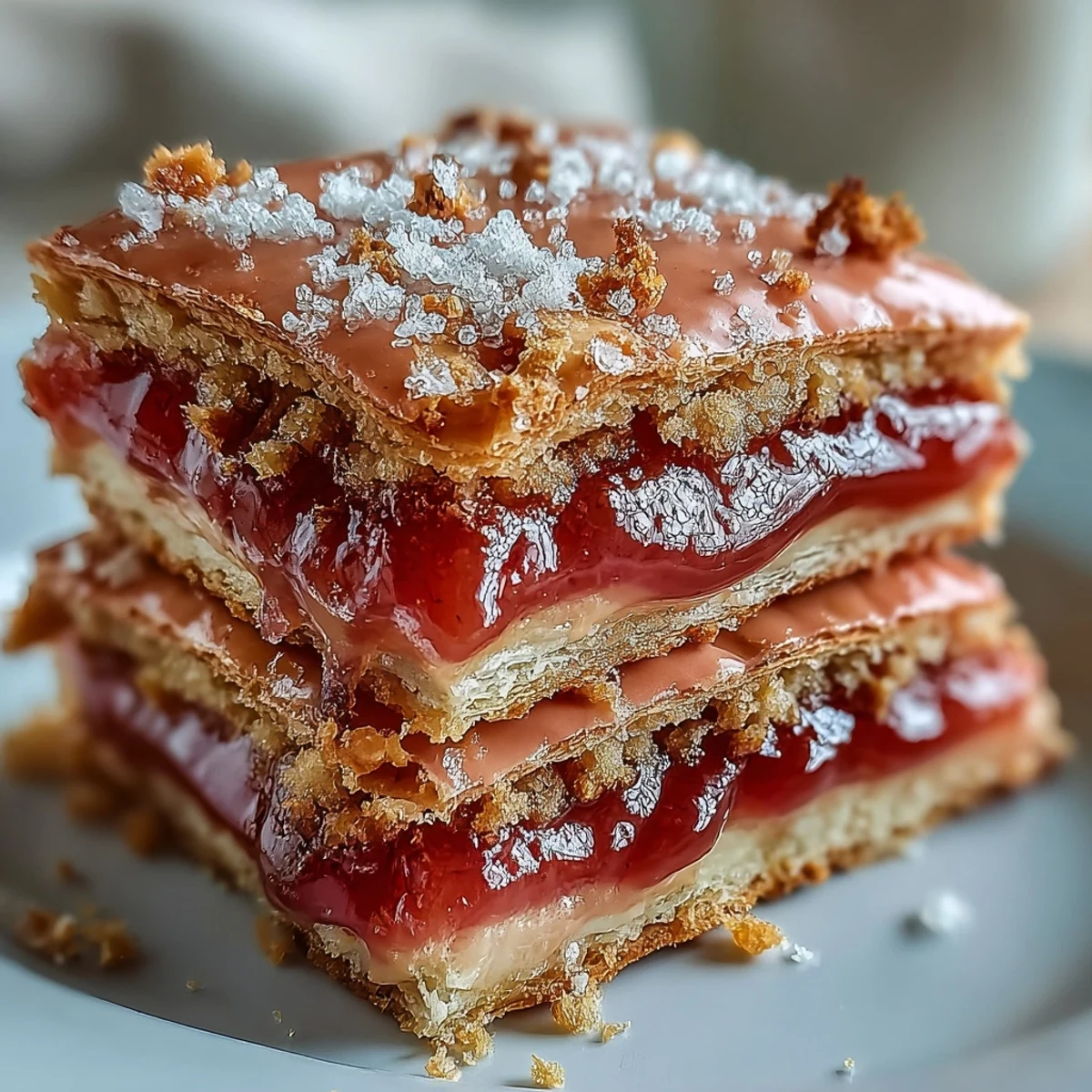 Freshly baked Guava Cheese Pop Tarts rest on a cooling rack, their golden-brown crimped edges visible next to a bowl of pink glaze.