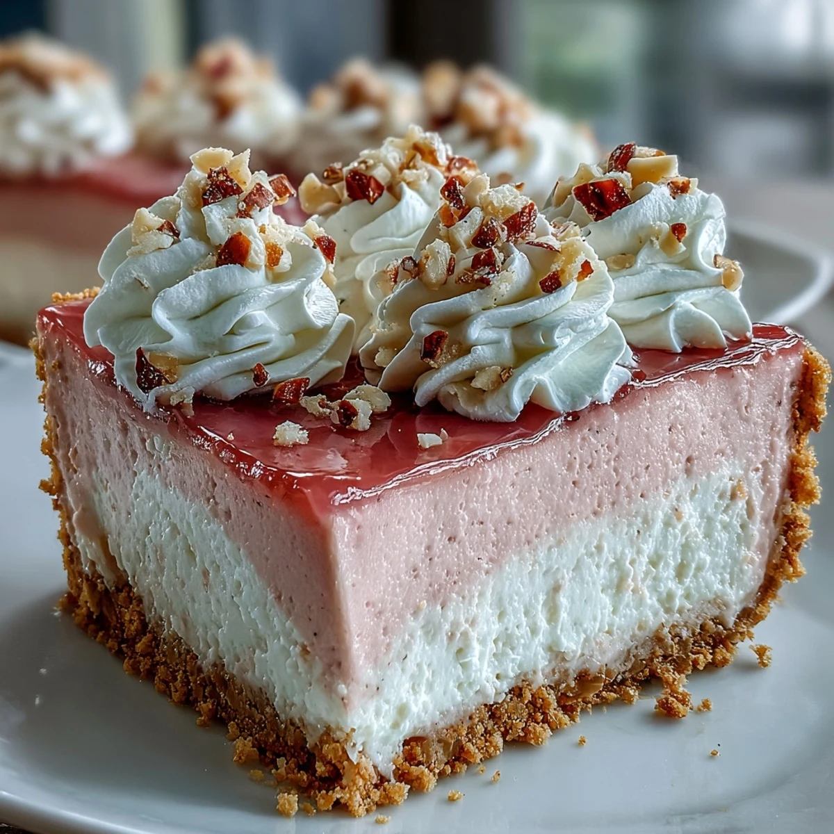 A slice of chilled Guava Cloud Pie reveals its creamy pink filling and fluffy whipped cream topping.