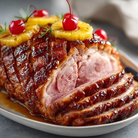 Succulent Brown Sugar Pineapple Ham recipe baked with pineapple rings and cherry garnish.
