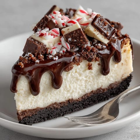 Slice of White Chocolate Peppermint Bark Cheesecake: See the rich layers, ready to enjoy.