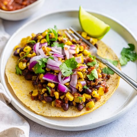 Delicious Quick Corn & Black Bean Tacos filled with vibrant vegetables and spices.  