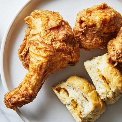 Imagine seeing a platter of juicy Southern Fried Chicken and perfect, buttery buttermilk biscuits, a delicious meal.